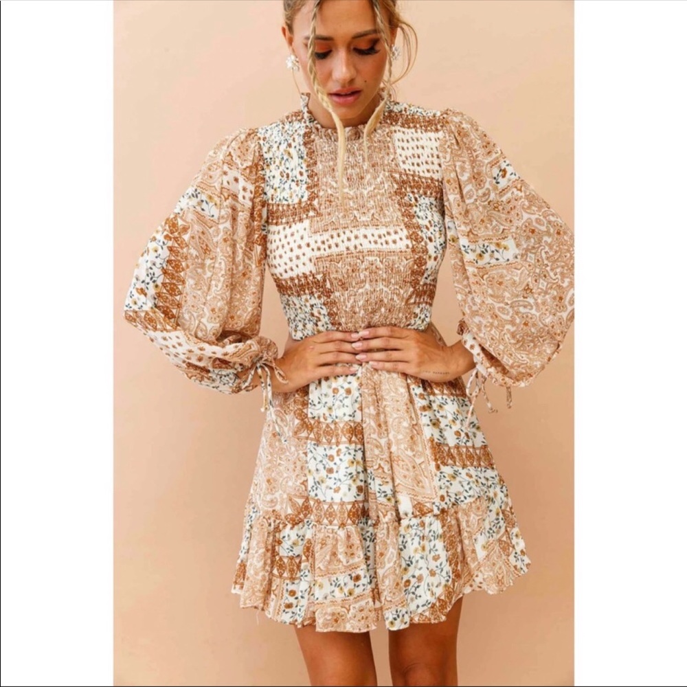 Saints + Secrets Made in Morocco  Patchwork Paisely Smocked Mini Dress S - Picture 2 of 6